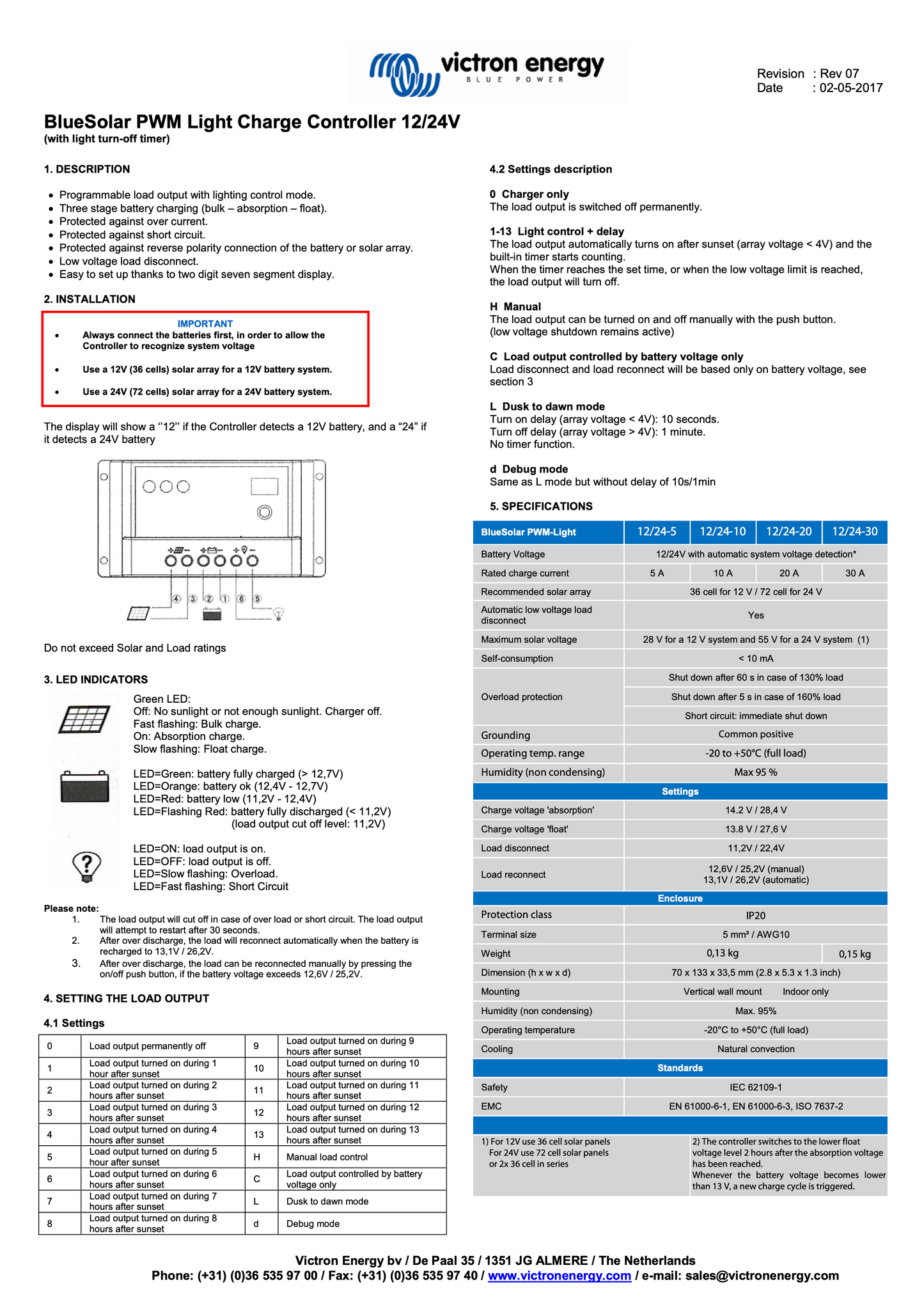 Victron Energy BlueSolar PWM Light Charge Controller manual